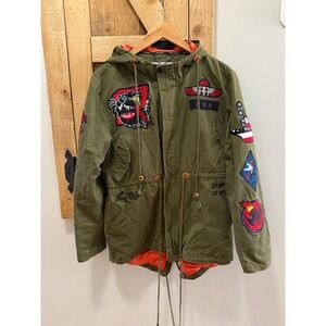 Reason Clothing Mens Olive Green Multi Patch Fishtail Parka Hooded Jacket Large